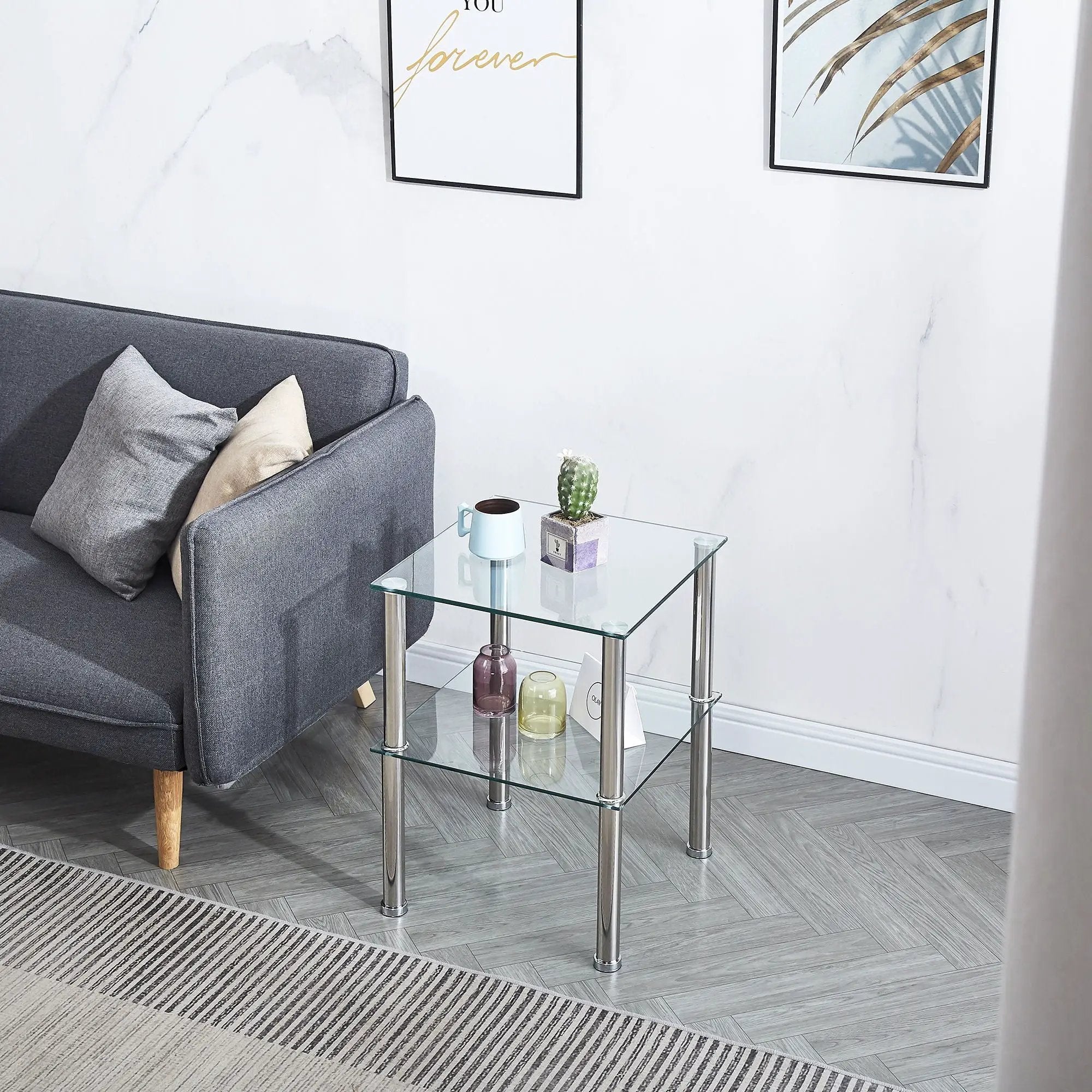 Modern 2 Piece Side Table With Storage Shelf, Tempered Glass, Space Saving Design - Clear by HouseOfZazla