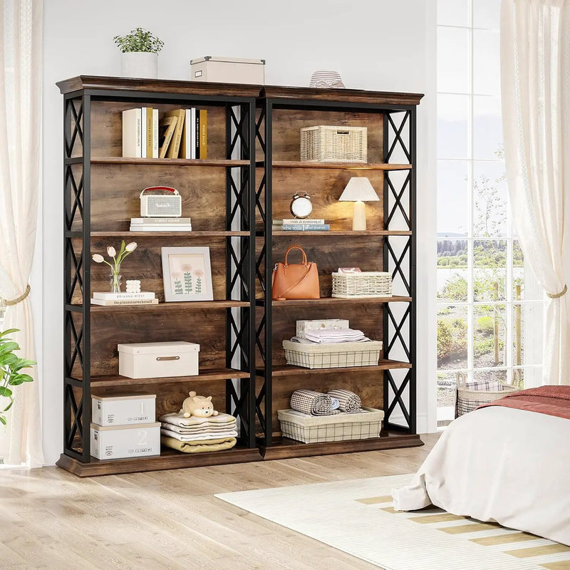 6 Tier Industrial Brown & Bookshelf With X Pattern Design - Rustic Brown by HouseOfZazla