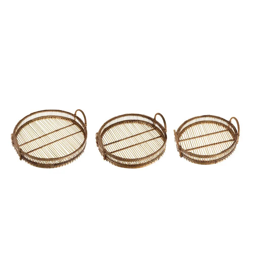 Set of 3 Round Decorative Brown Bamboo Woven Trays with Handles by HouseOfZazla