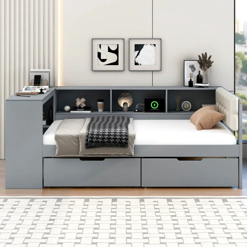 Upholstered Headboard Platform Bed With Storage Shelves, Drawers, Charging Station by HouseOfZazla