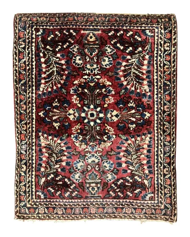 Antique Persian Sarouk Rug 2 x 2.5, Small Sarouk Carpet, Red Floral 1920s Red, Fine 170 KPSI, Wool Handmade Rug by Jewel Rugs