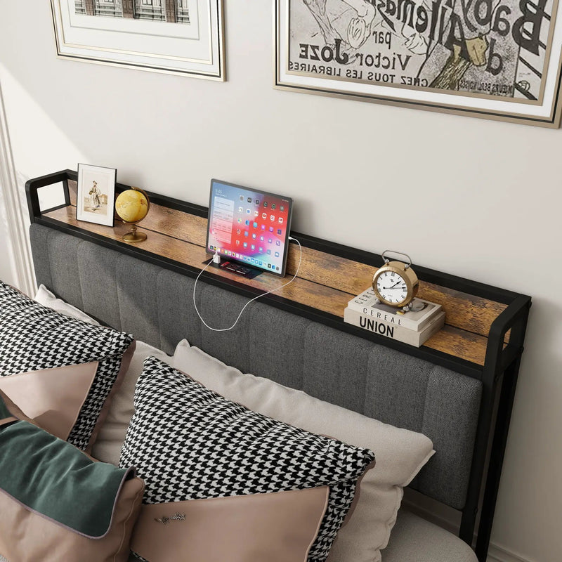 Bed With Charging Station, American Design Upholstered Headboard, Metal Platform by Unique Piece Furniture