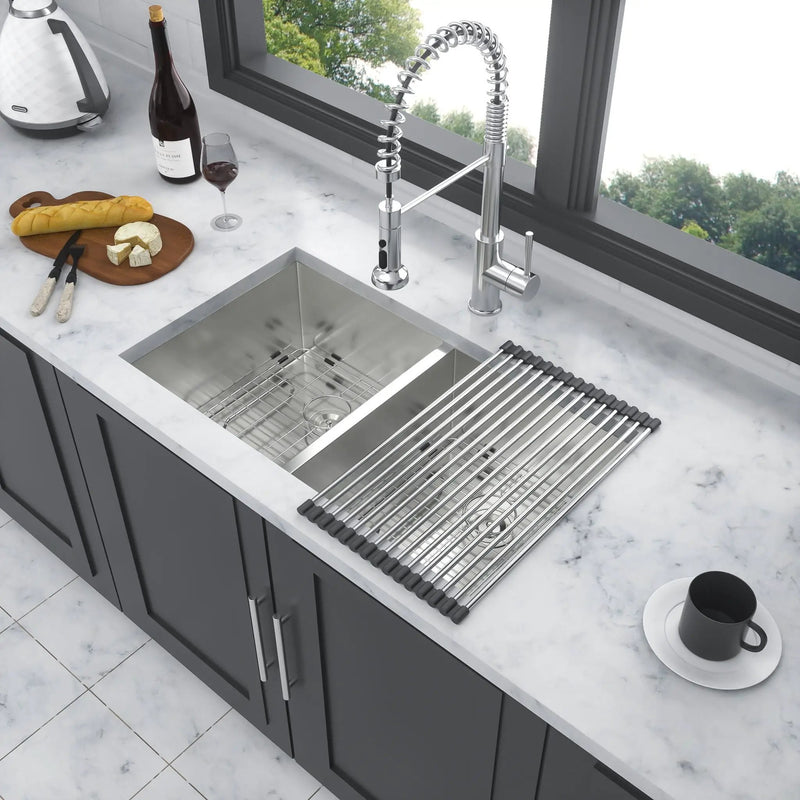 16 Gauge Undermount Double Bowl Kitchen Sink With 9" Deep Bowls - Brushed Nickel by HouseOfZazla