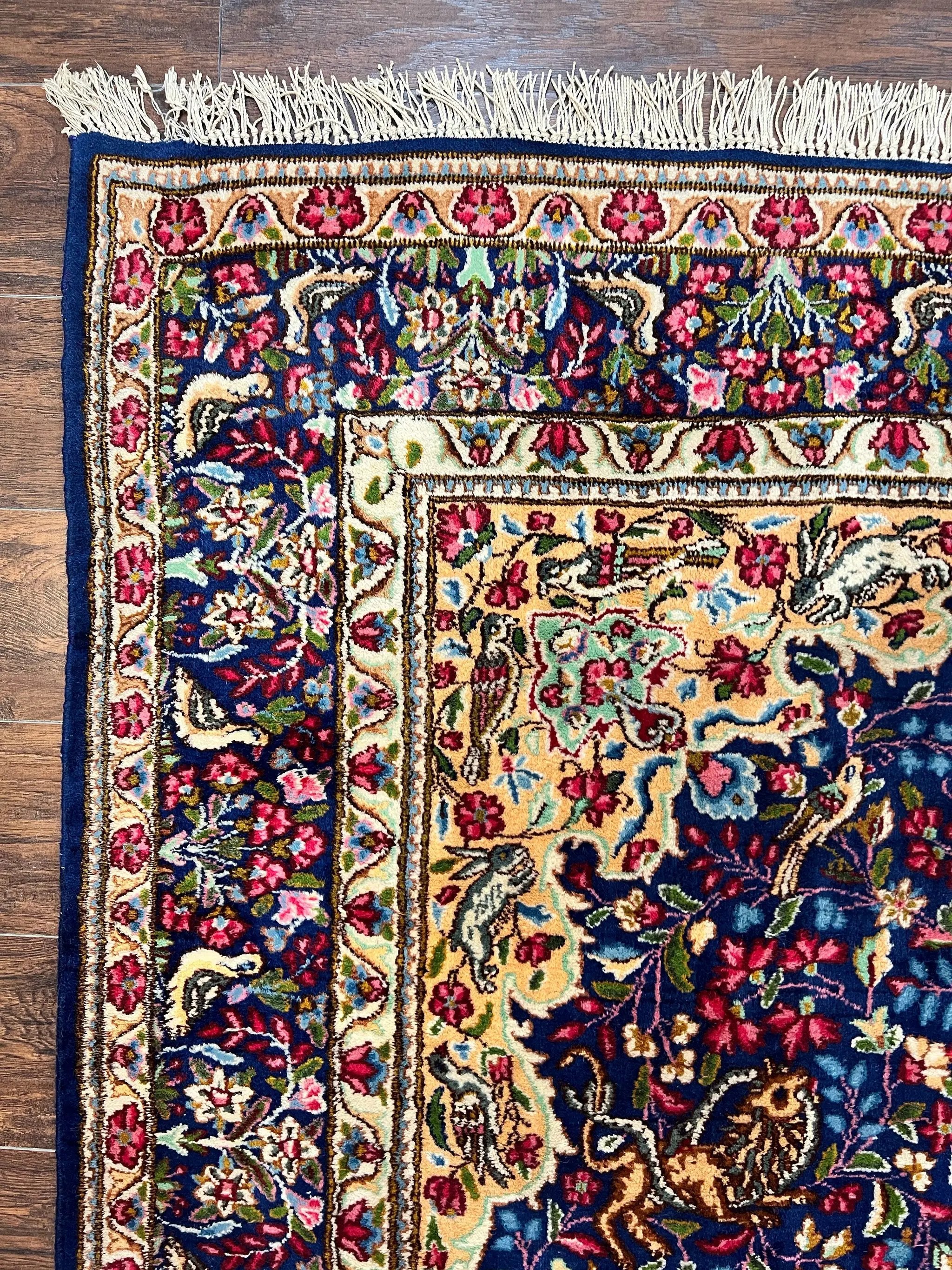 Persian Kirman Rug 6x9, Floral Medallion Vintage Wool Handmade Carpet 6 x 9, Animal Pictorials Birds, Semi Antique, Navy Blue, Millefleur by Jewel Rugs