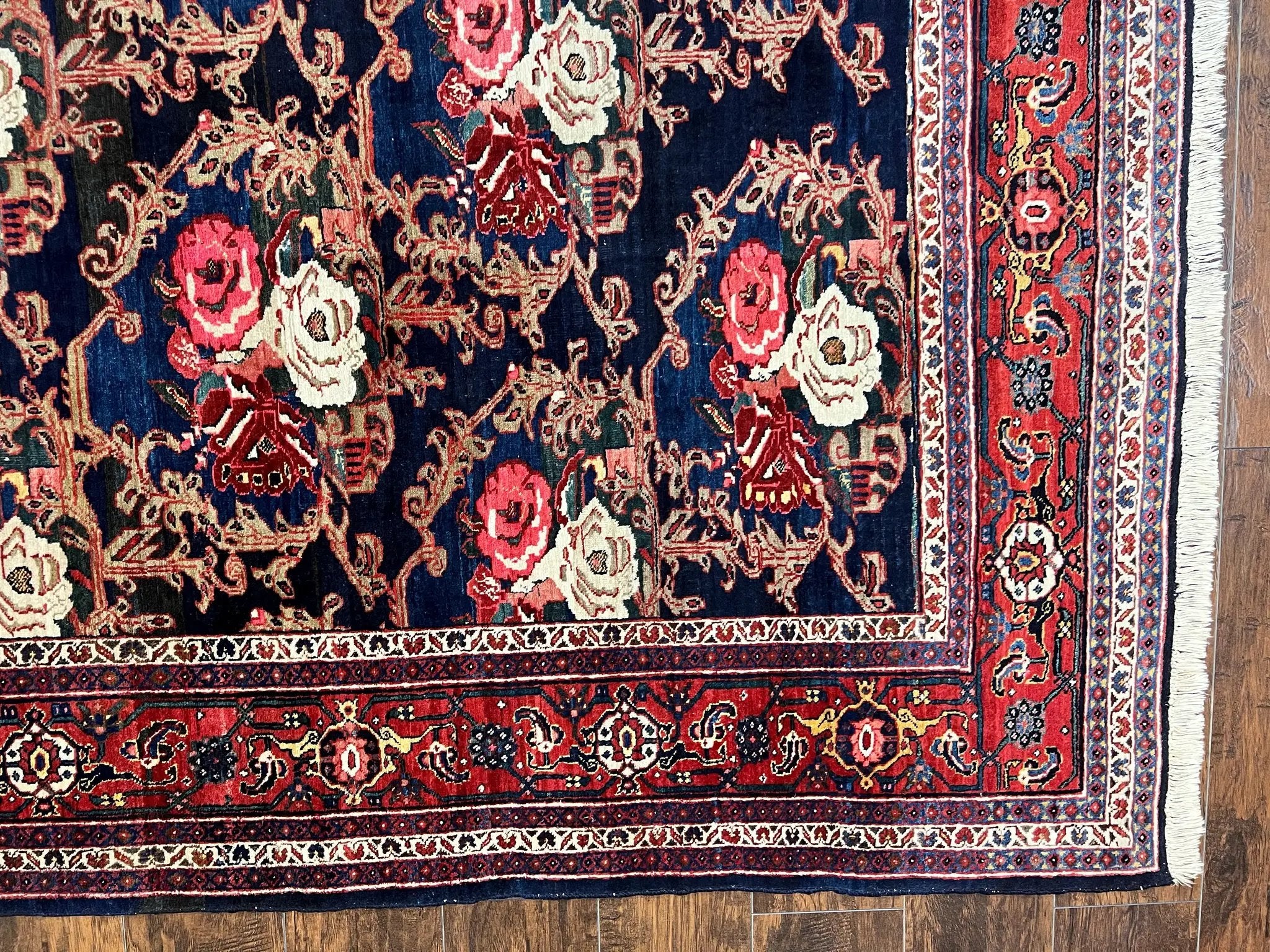Persian Bidjar Rug 8x11, Floral Bouquets, Blue Black Red Pink, Handmade Hand Knotted Vintage Semi Antique Oriental Carpet by Jewel Rugs