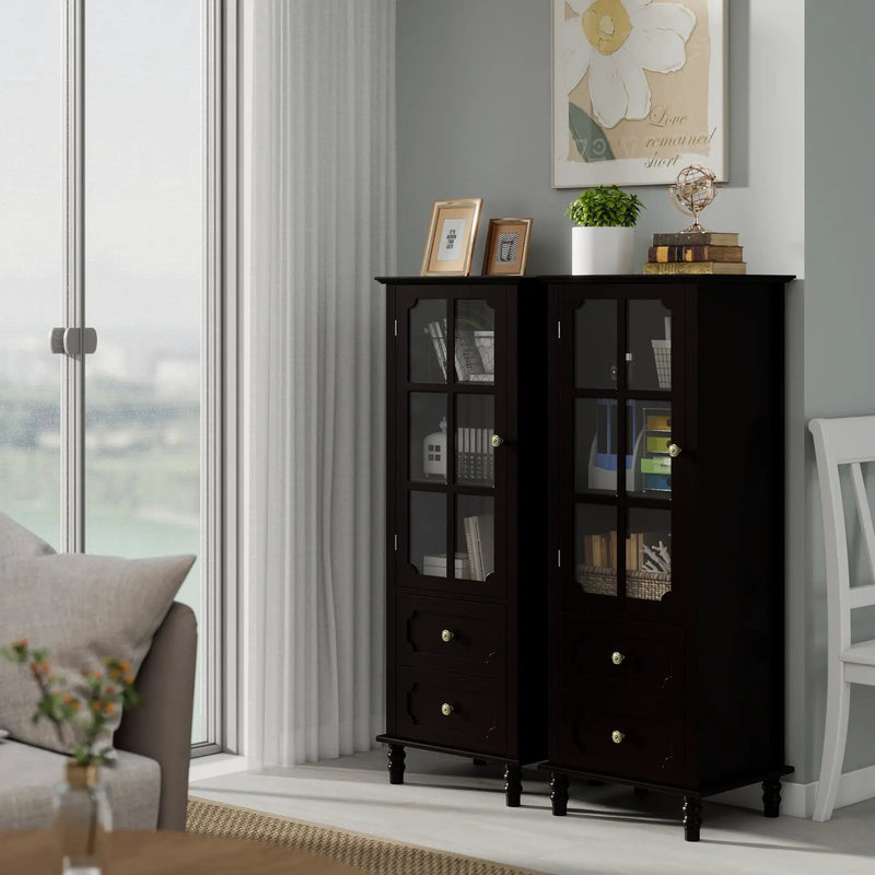 Black Tall Storage Cabinet with Glass Door & 2 Drawers by HouseOfZazla