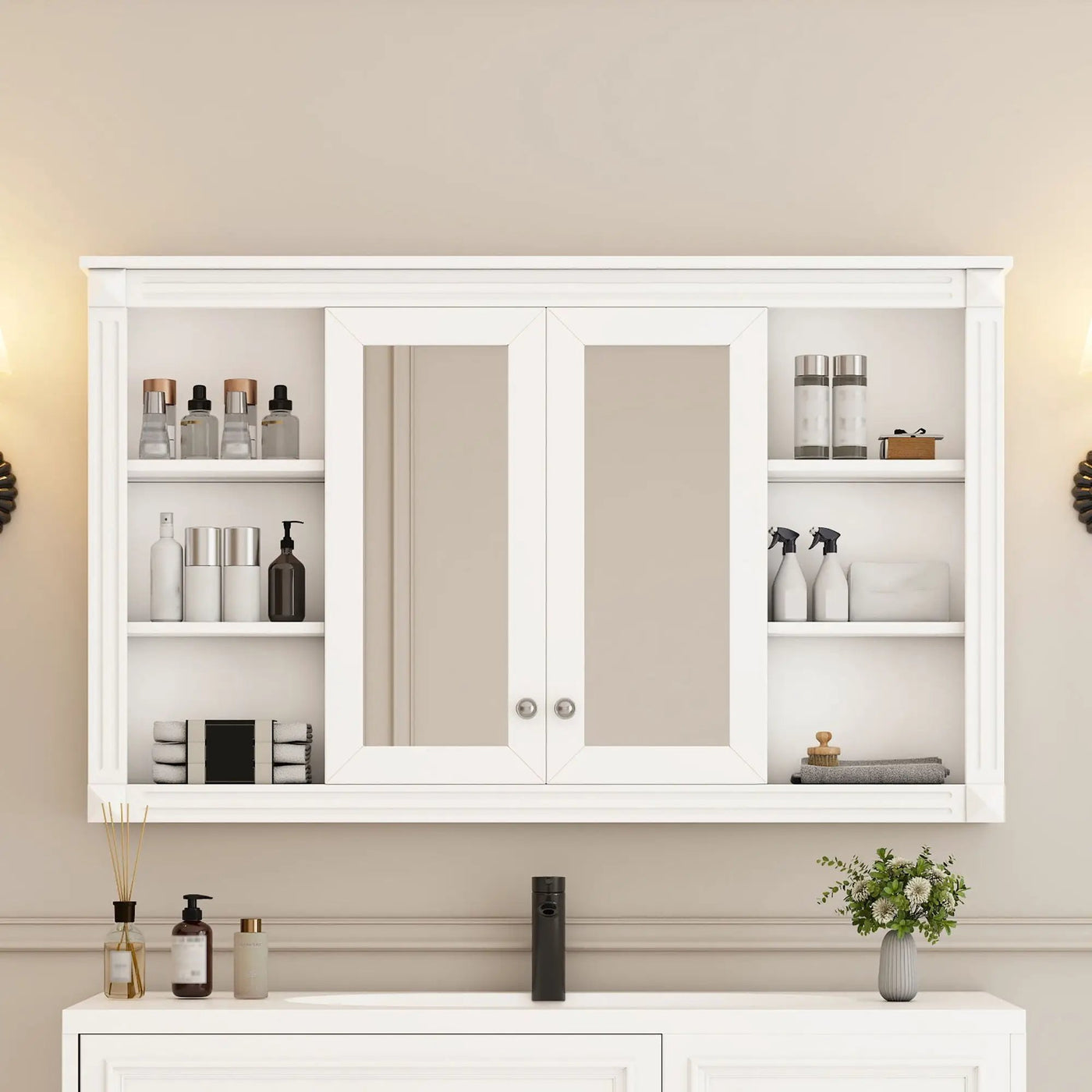 Wall-Mounted Mirror Cabinet With Adjustable Shelf and Open Shelves by HouseOfZazla