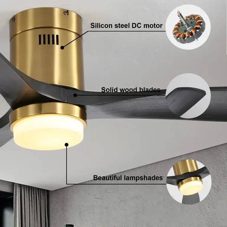 Flush Mount Ceiling Fan With 3 Solid Wood Blades Remote Control Reversible DC Motor For Living Room - Gold by HouseOfZazla