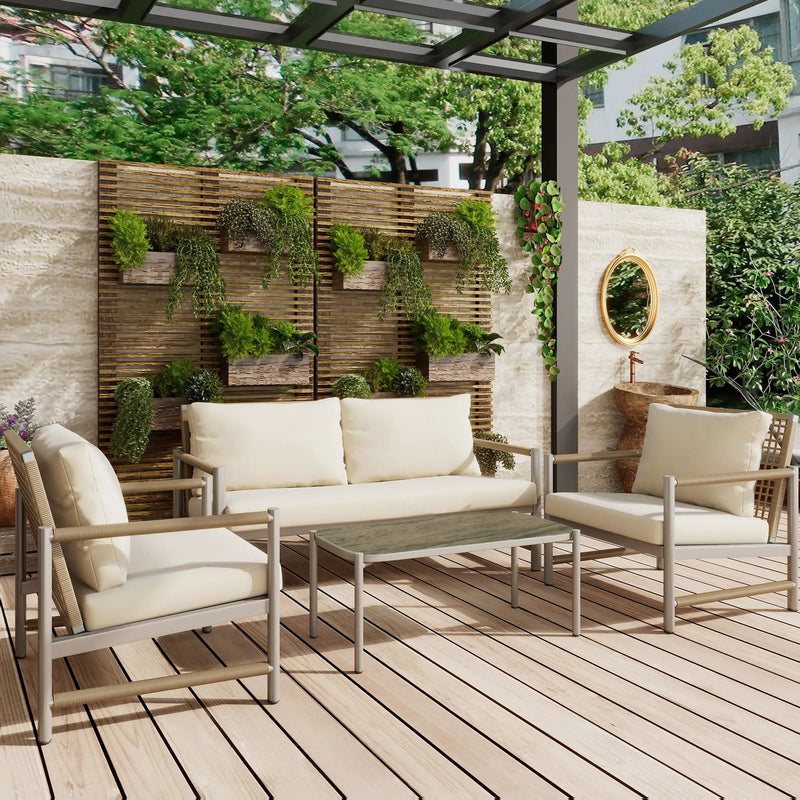 4 Pieces Patio Furniture Set, PE Rattan Wicker With Washable Cushion And Tempered Glass Tabletop, Conversation Furniture For Garden Poolside Balcony by HouseOfZazla