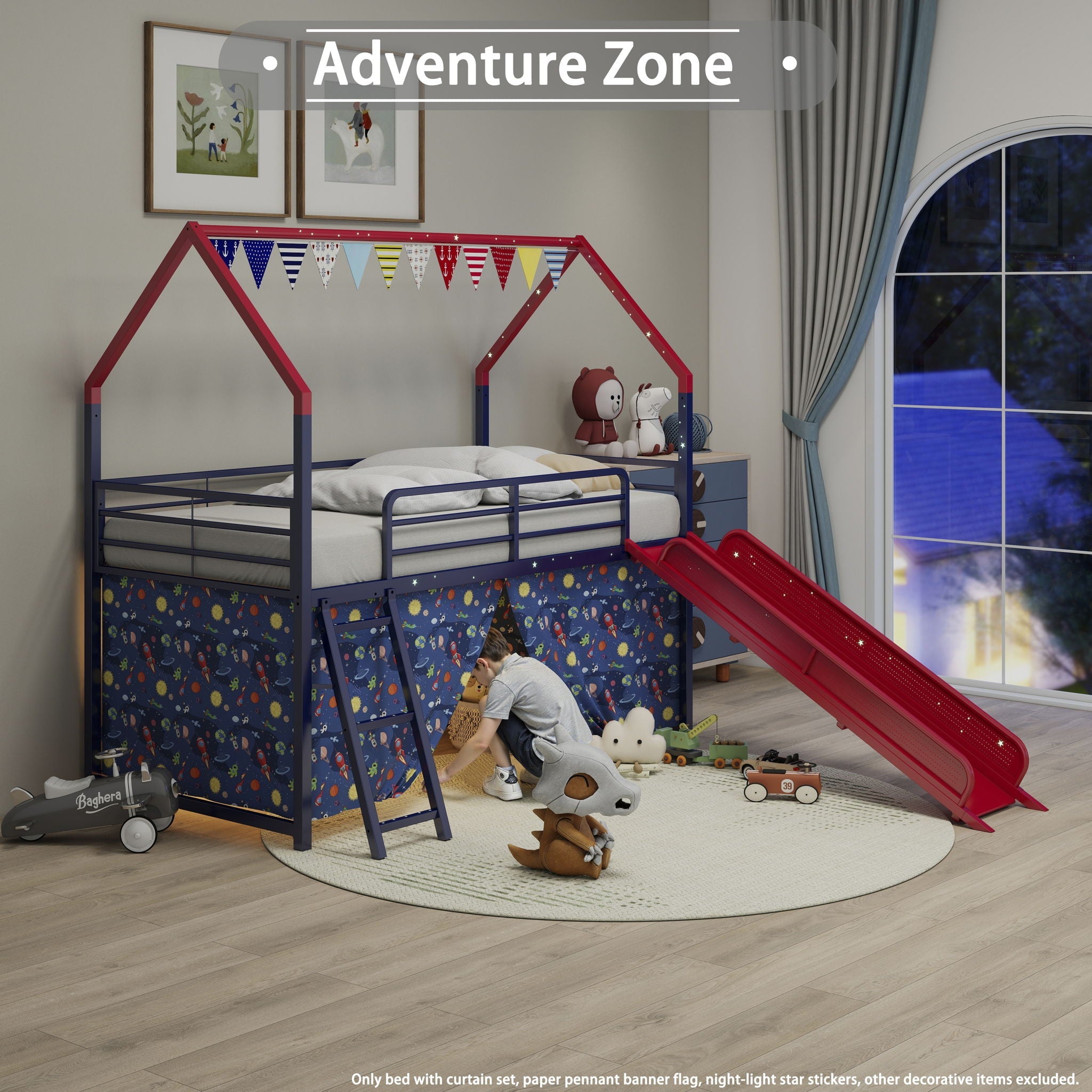 Jack - House Loft Bed With Slide And Curtain Set by HouseOfZazla