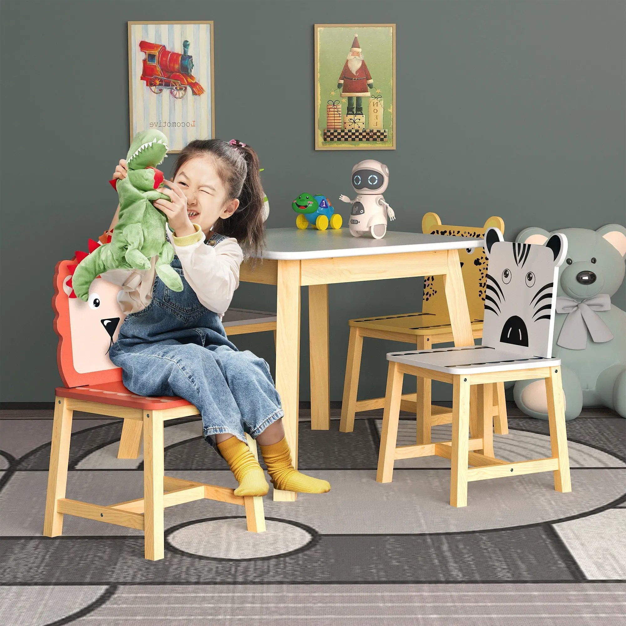 Kids Table And Chair Set With Cartoon Animals Design - White by HouseOfZazla