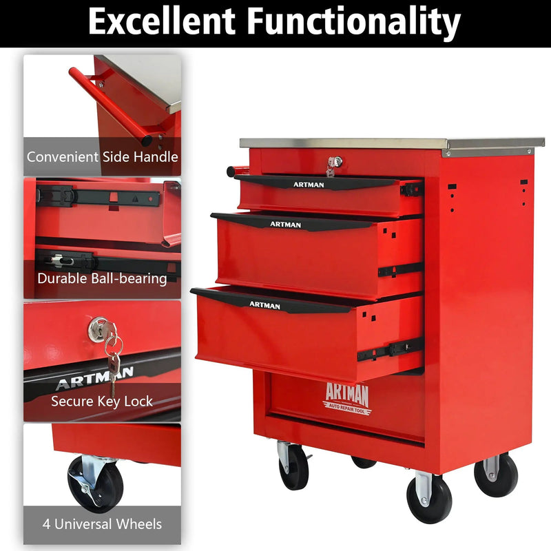 4 Drawers Multifunctional Tool Cart with Wheels, Red & Black by HouseOfZazla