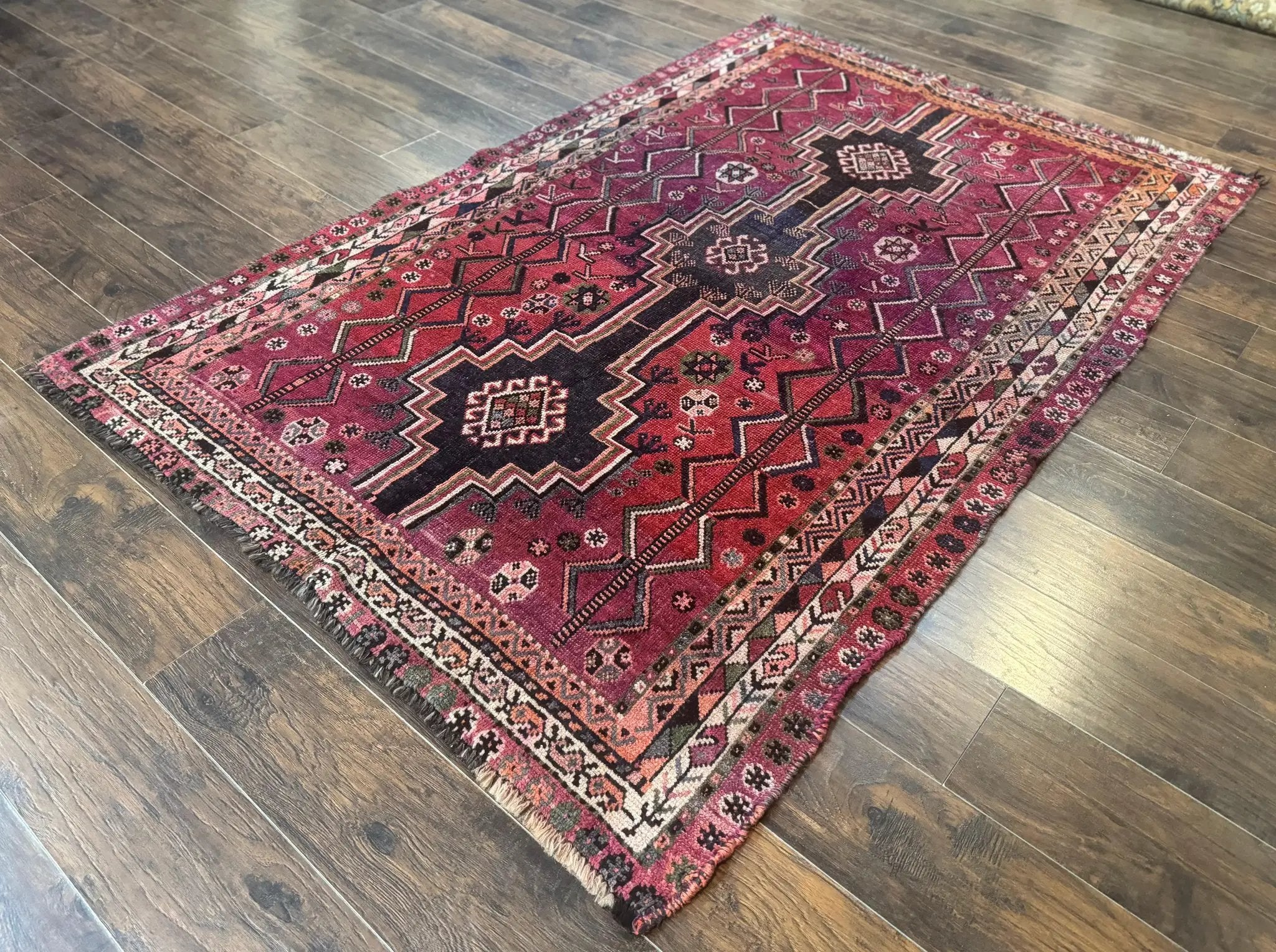 Persian Tribal Shiraz Rug 5x8, Geometric, Raspberry Red and Charcoal, Antique Persian Carpet by Jewel Rugs