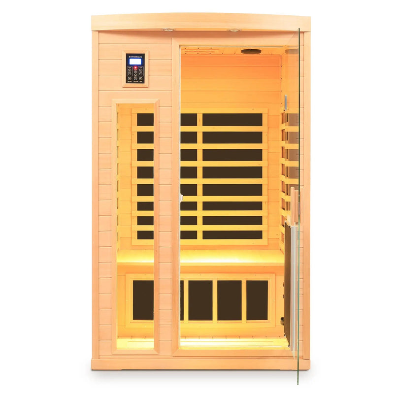 Low EMF, There is also a heating plate on the glass door, Hemlock wood Far-infrared indoor Two person sauna room by HouseOfZazla