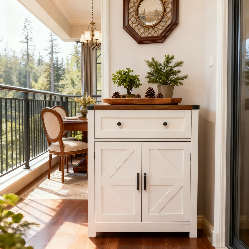 White & Wood-Grain Top Farmhouse Barn-Door Storage Cabinet by HouseOfZazla