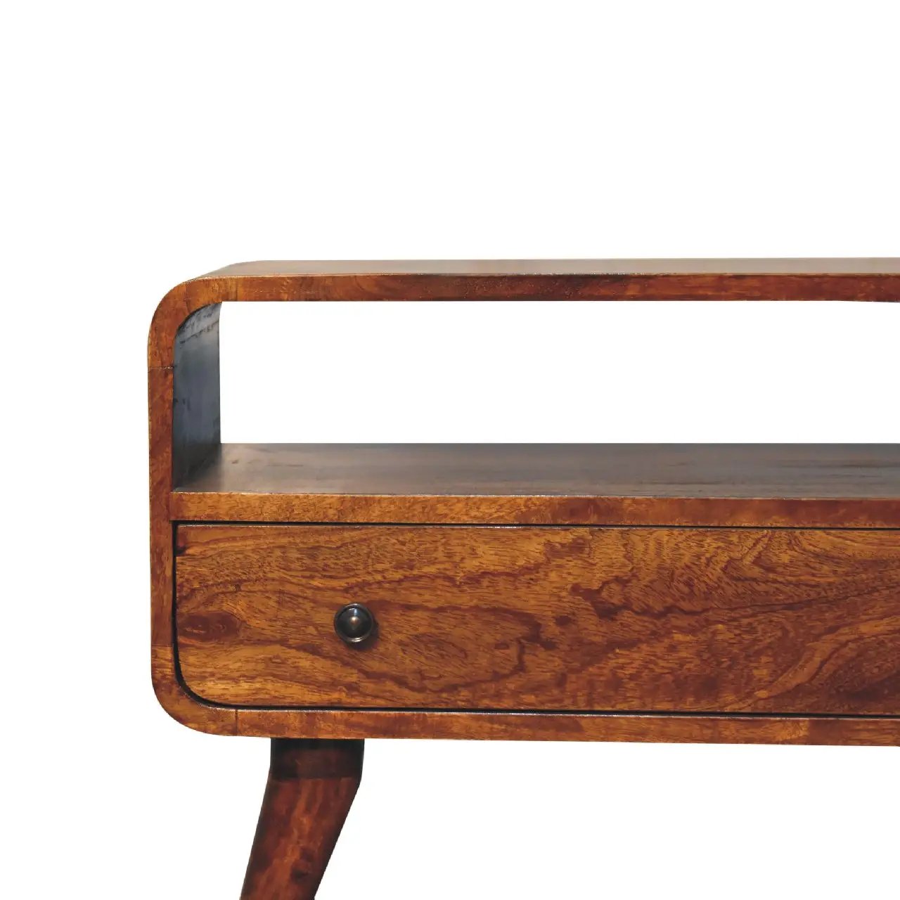 Solid Wood Mini Curved Media Unit, Chestnut, 1-Drawer, 1 Open Slot by HouseOfZazla