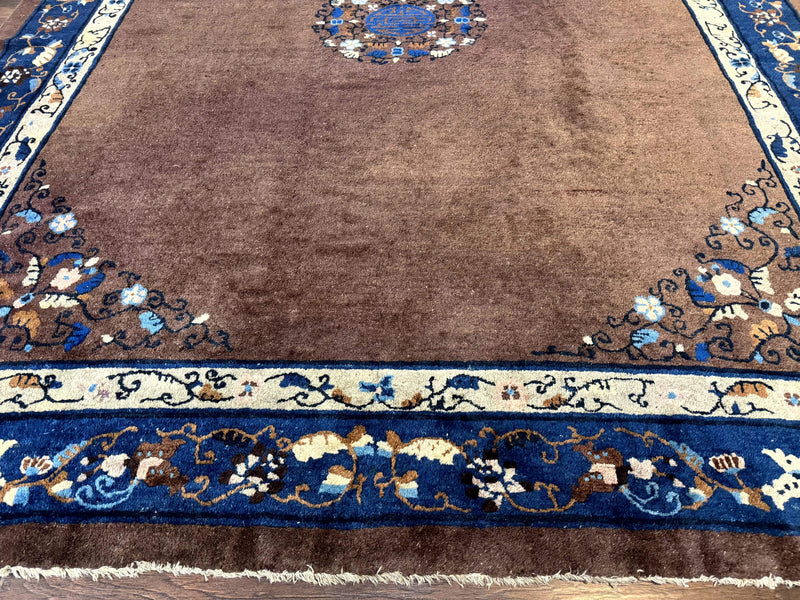 Antique Chinese Wool Rug 9x11, Large Chinese Art Deco Rug, Peking Rug, Brown and Blue, Open Field, Fete Rug by Jewel Rugs
