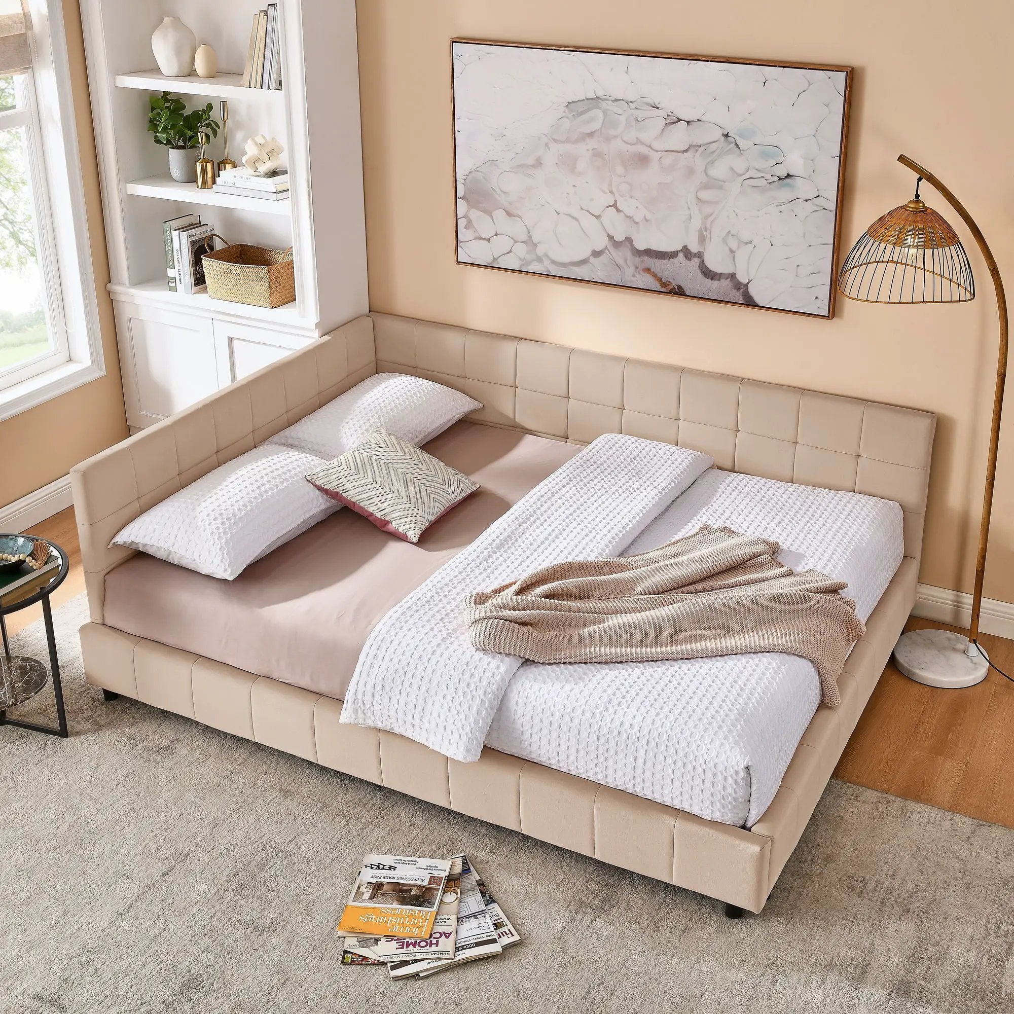 Mid-Century Storage Upholstered Tufted Bed Frame With Backrest And Armrests by HouseOfZazla