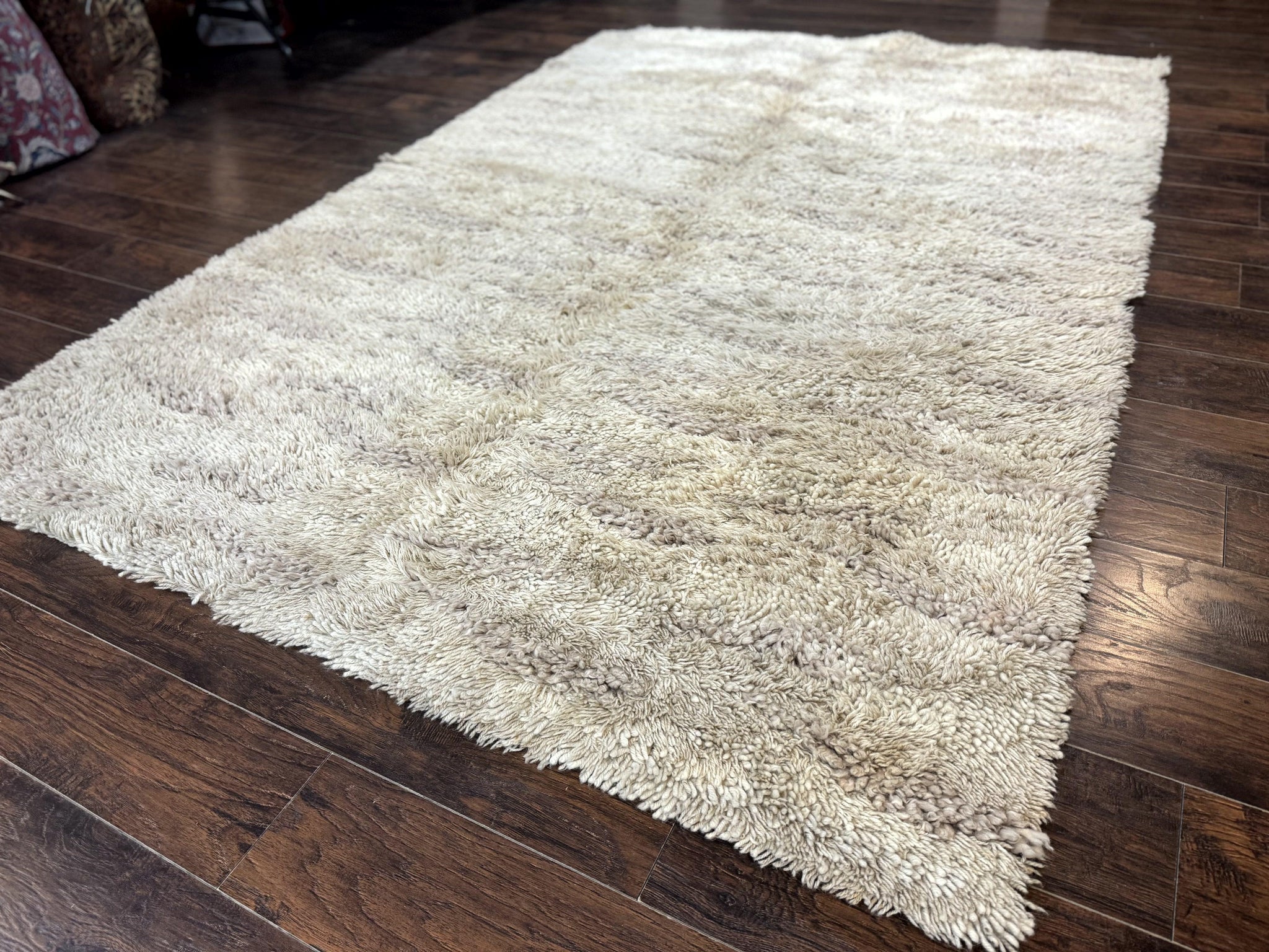 European Rya Shag Rug 6.6 x 9.7, Beige, Fluffy Vintage Area Rug by Jewel Rugs