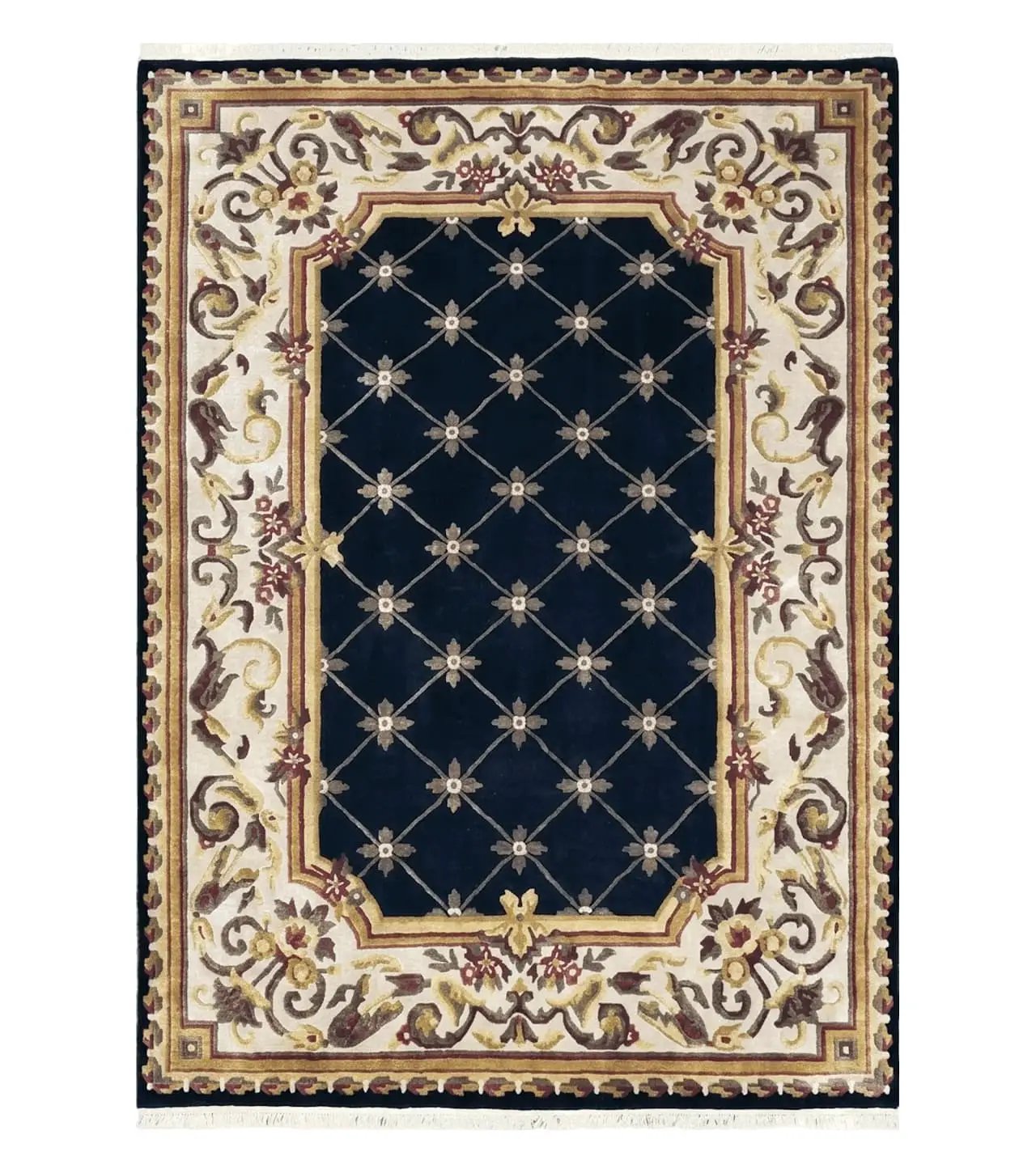 Nepal Rug 6x9, New Aubusson Nepalese Tibetan Carpet 6'1" x 8' 8", Hand-Knotted Wool, Unused, Black & Cream, Savonnerie Pattern, Soft Pile by Jewel Rugs