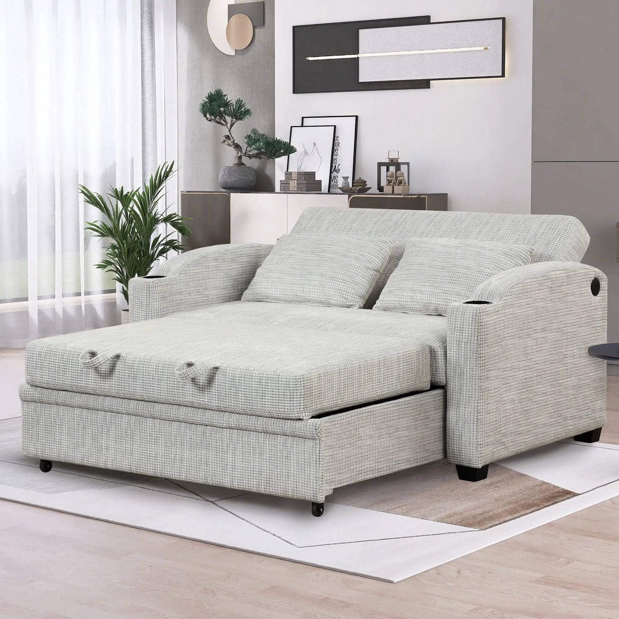 Pull Out Loveseat Sofa With Adjsutable Backrest, 2 Pillows, Cup Holders, USB Ports For Living Room by HouseOfZazla