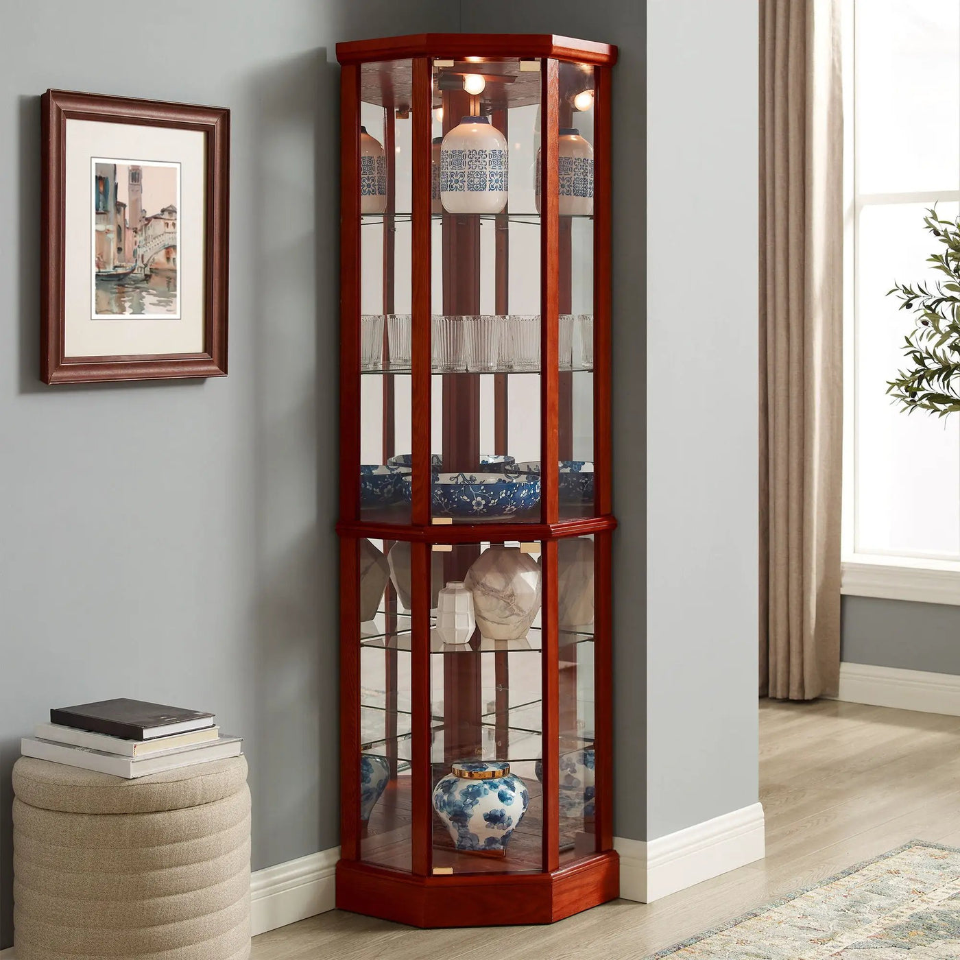 6 Shelf Lighted Corner Curio Cabinet With Adjustable Tempered Glass Shelves And Mirror Back (E26 Light Bulb Not Included) by Unique Piece Furniture