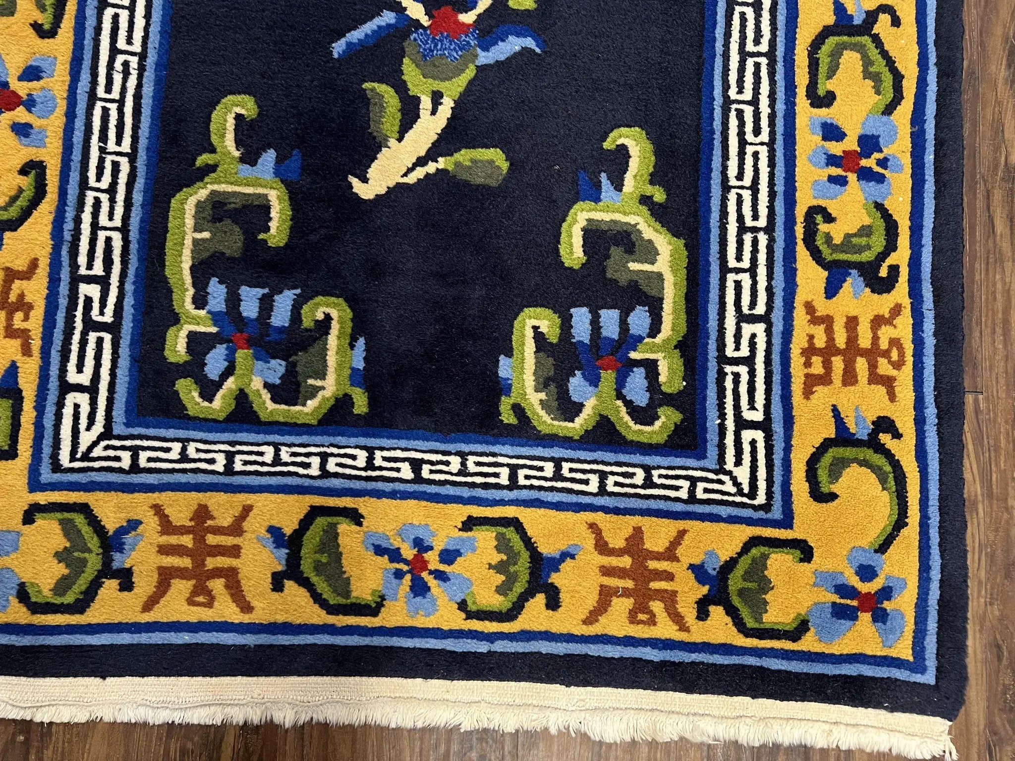 Chinese Art Deco Rug 3 x 5.9, Handmade Chinese Peking Carpet, Dark Blue and Gold, Medallion, Asian Oriental 3x6 Hand Knotted Vintage Rug by Jewel Rugs