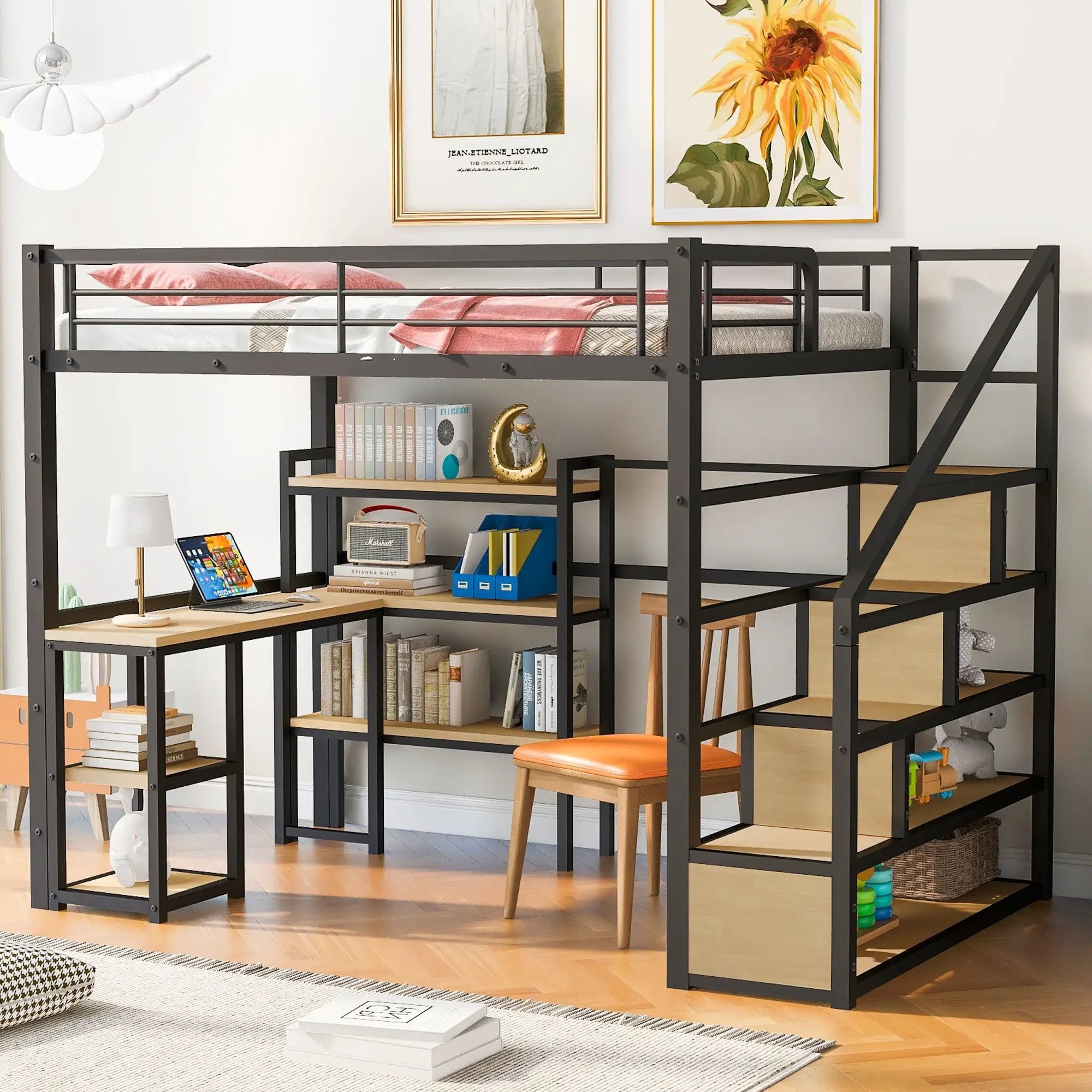 Full Size Loft Bed With Staircase, Built In Desk And Shelves And Sleeping Surface - Black by HouseOfZazla