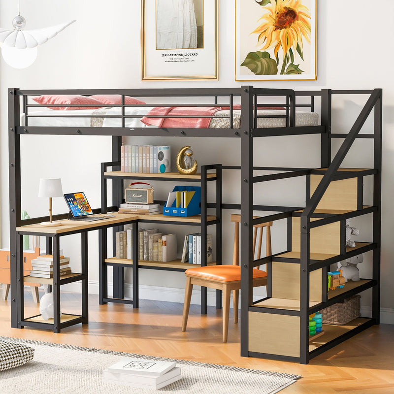 Full Size Loft Bed With Staircase, Built In Desk And Shelves And Sleeping Surface - Black by HouseOfZazla