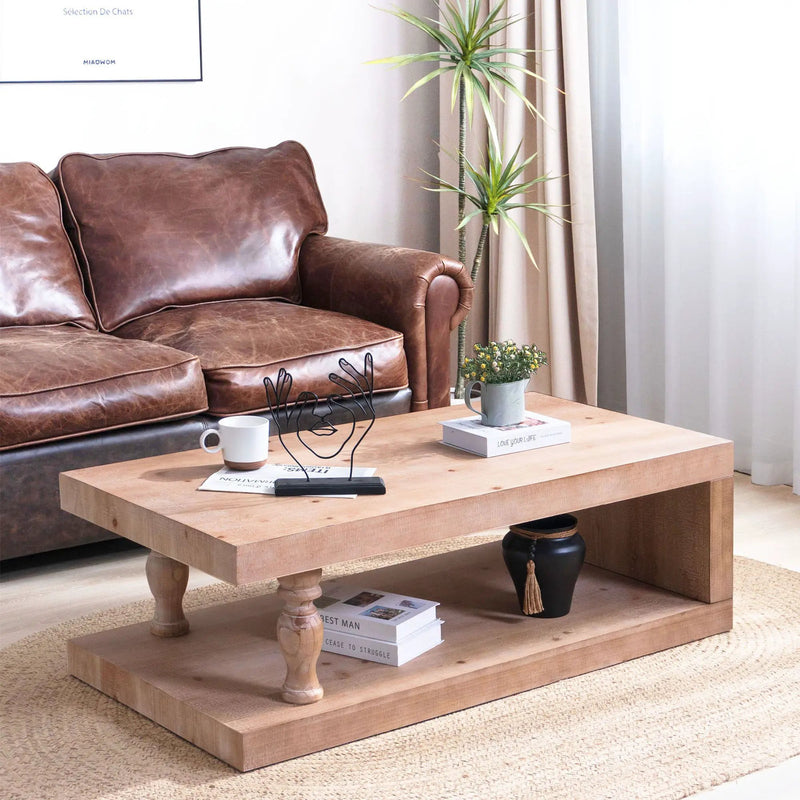 Rustic Solid Wood Coffee Table With Open Shelf, Modern Farmhouse Design - Light Natural / Natural by Unique Piece Furniture