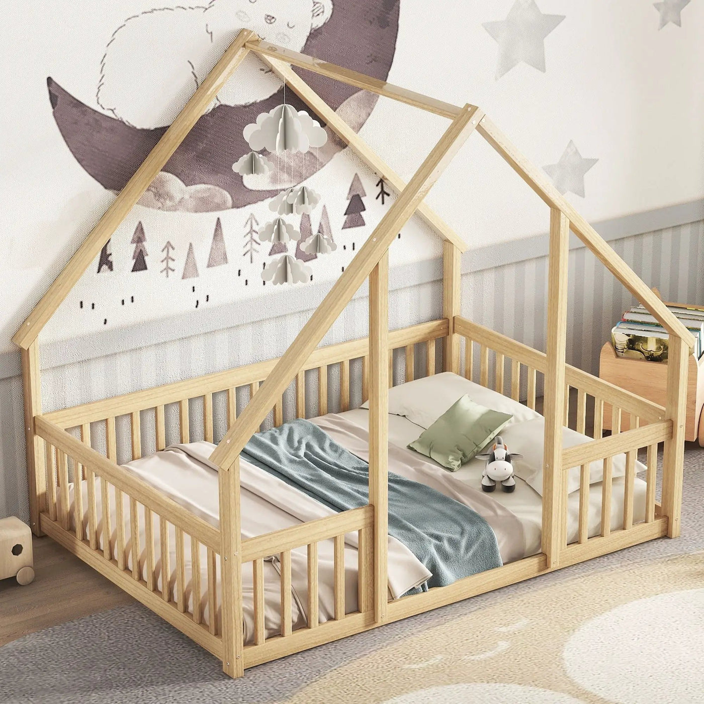 Wood House-Shaped Floor Bed With Fence, Guardrails by HouseOfZazla