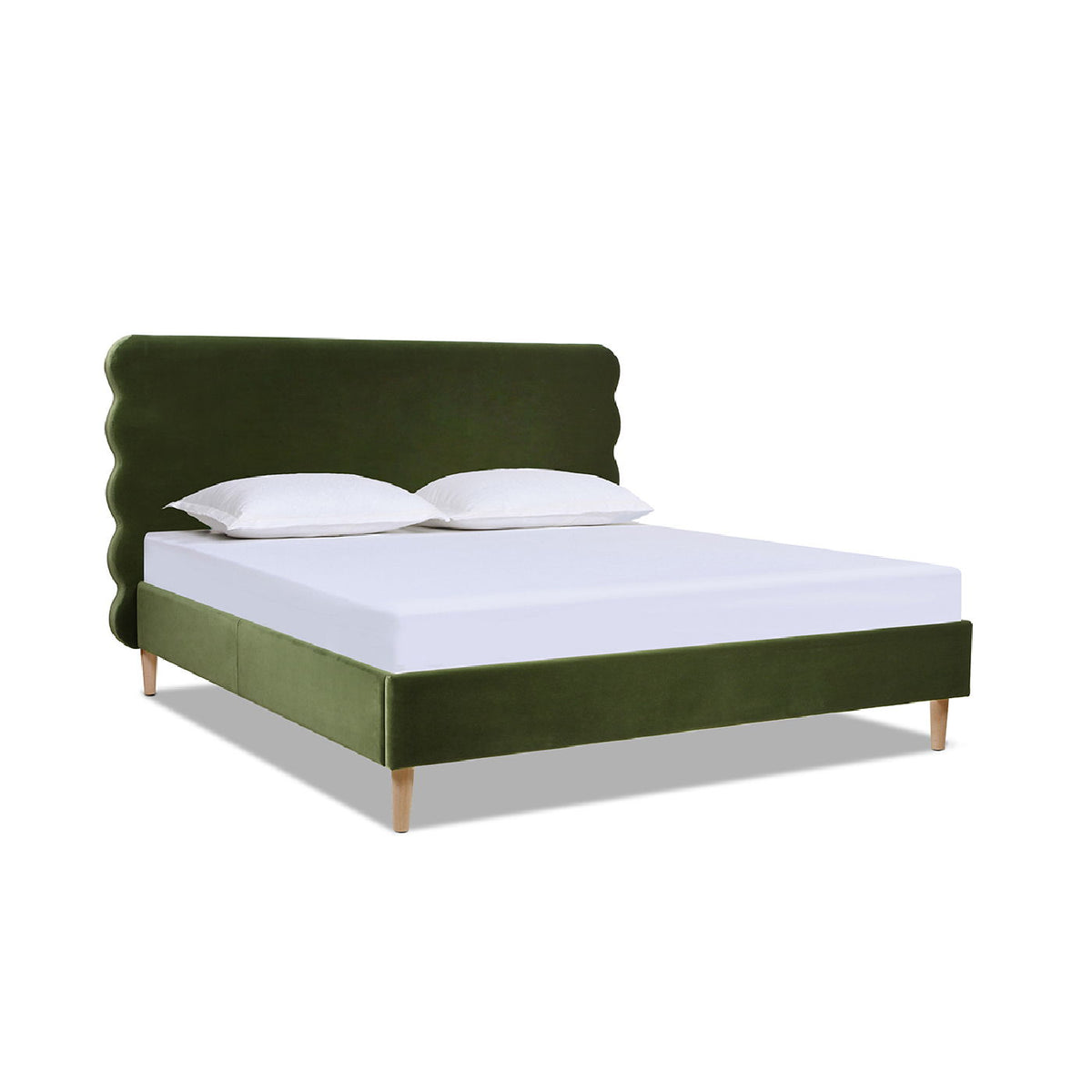 Modern Wavy Headboard Platform Bed with Upholstered Frame - White or Dark Green, photo 30 of 30