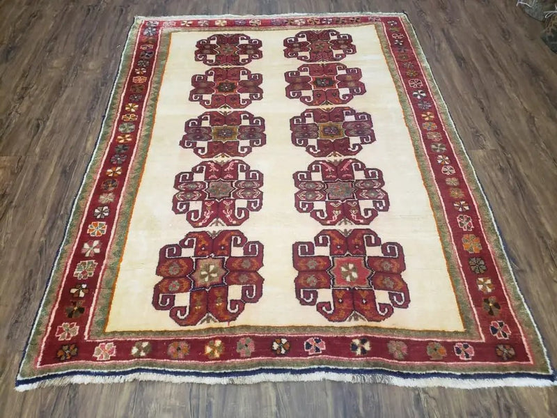 Vintage Persian Gabbeh Rug, Dark Red & Cream, Hand-Knotted, 5' x 6' 4" by Jewel Rugs