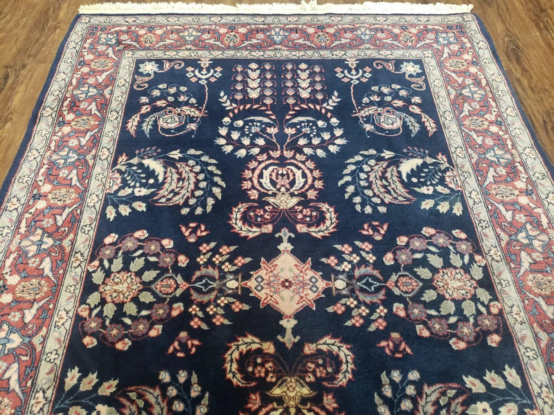 Dark Blue Indo Persian Rug 4x6, Medium Size Hand Knotted Oriental Carpet, Traditional Floral Indian Rug, Blue and Red Entryway Rug, Wool Rug by Jewel Rugs