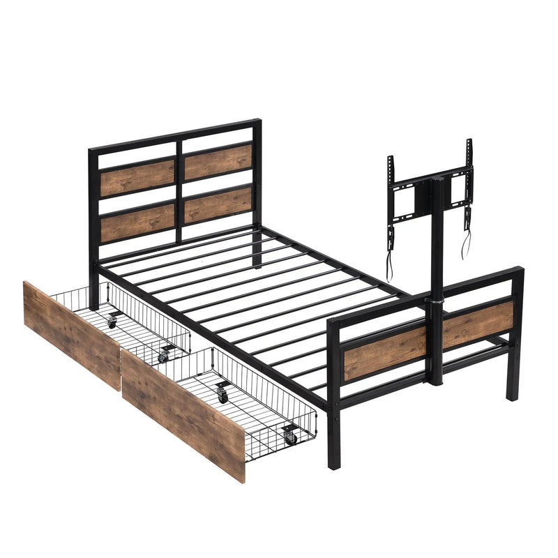 Twin Size Platform Bed With Headboard And Footboard, 2 Storage Drawers And Rotatable TV Stand - Black by HouseOfZazla