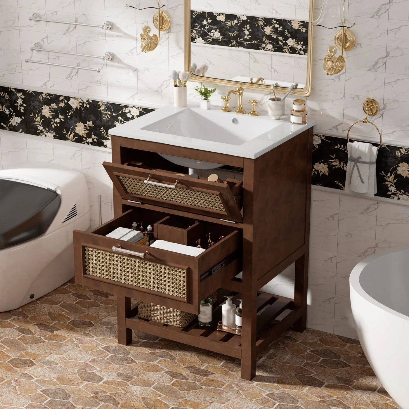 Modern Bathroom Vanity With Integrated Sink, Cabinet With 1 Deep Drawer And 1 Tip-Out Drawer by HouseOfZazla