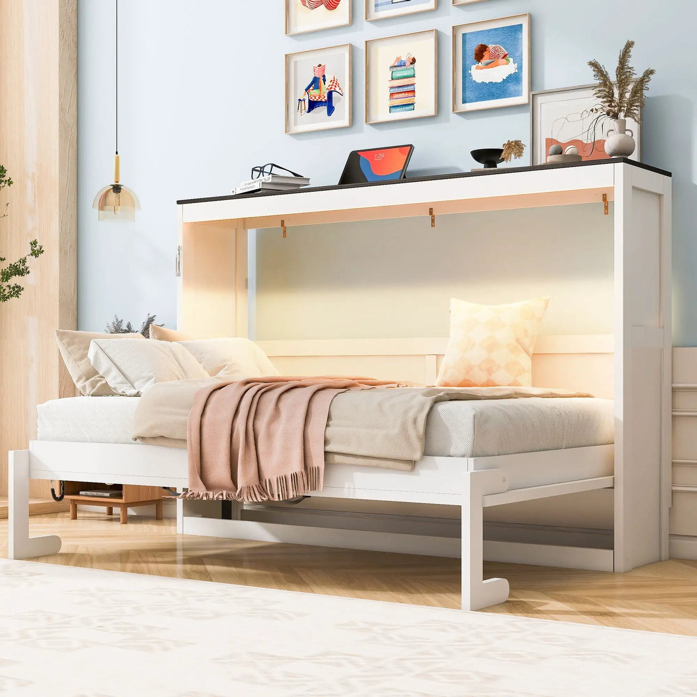Murphy Bed With LED Light, Foldable Wall Bed Cabinet by Unique Piece Furniture
