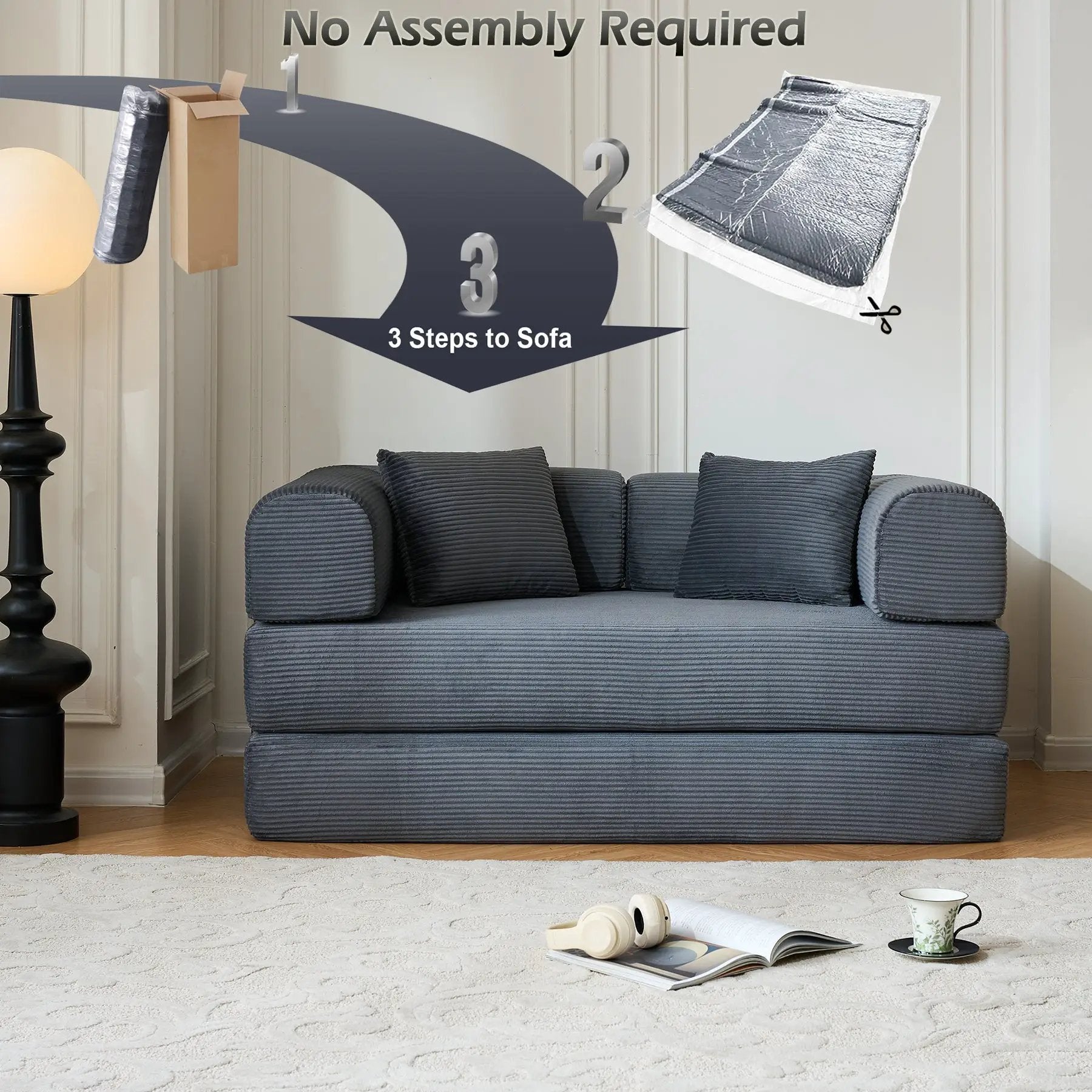 59" Convertible Sleeper Sofa Bed with Cylindrical Pillow - Gray by HouseOfZazla