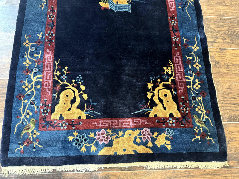 Antique Chinese Peking Rug 3x6, Dark Blue, Bird Motif, Handmade Wool Art Deco Asian Oriental Carpet, Pair B by Jewel Rugs
