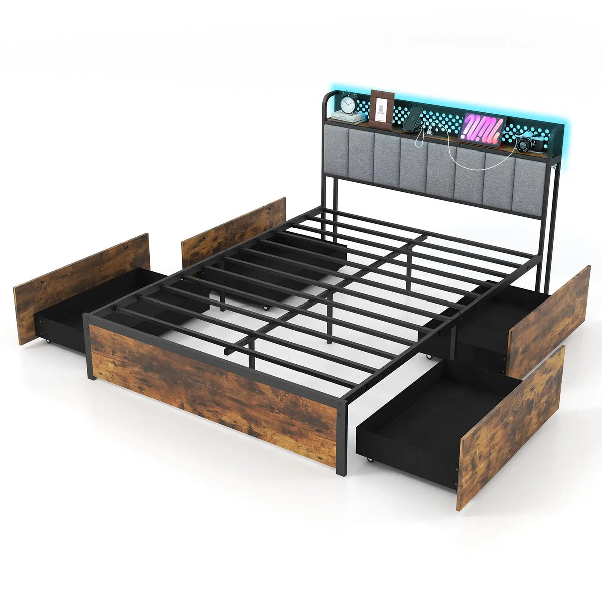 Twin/Full/Queen Bed Frame with LED Lights Upholstered Headboard and 4 Storage Drawers by DirectDeals