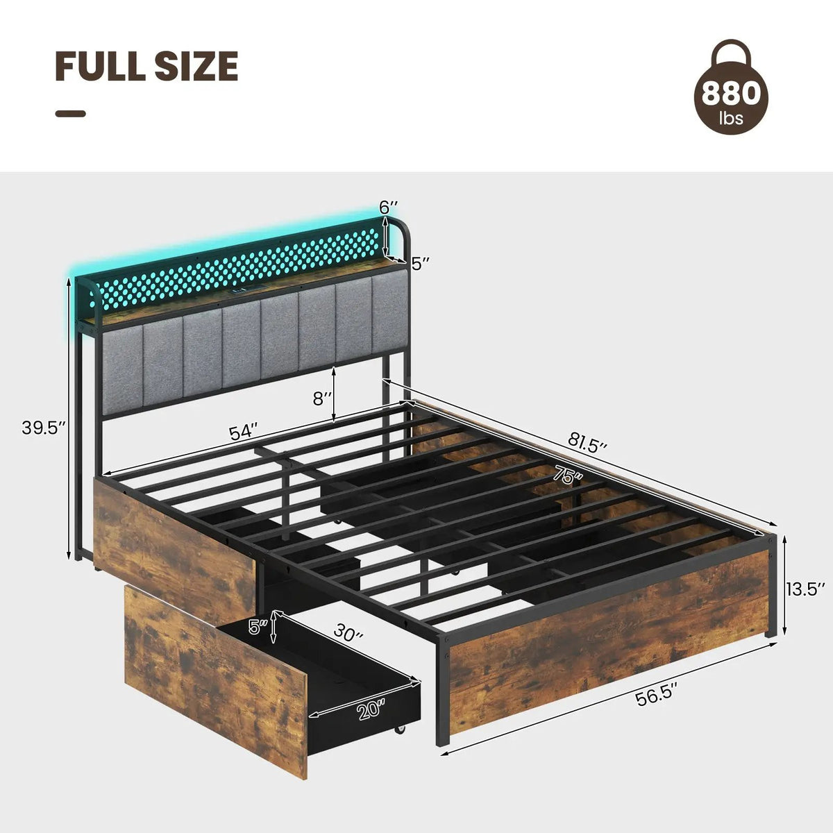 Twin/Full/Queen Bed Frame with LED Lights Upholstered Headboard and 4 Storage Drawers by DirectDeals