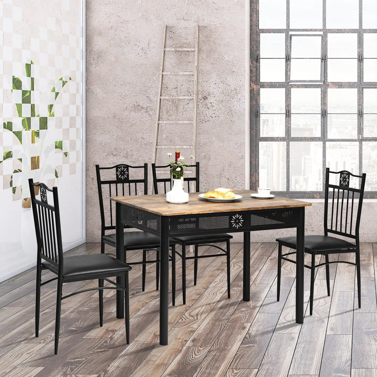 5 Pcs Dining Set Wood Metal Table and 4 Chairs with Cushions by DirectDeals