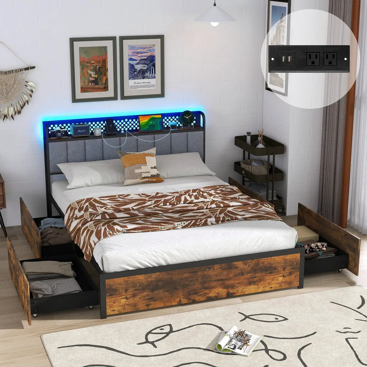 Twin/Full/Queen Bed Frame with LED Lights Upholstered Headboard and 4 Storage Drawers by DirectDeals
