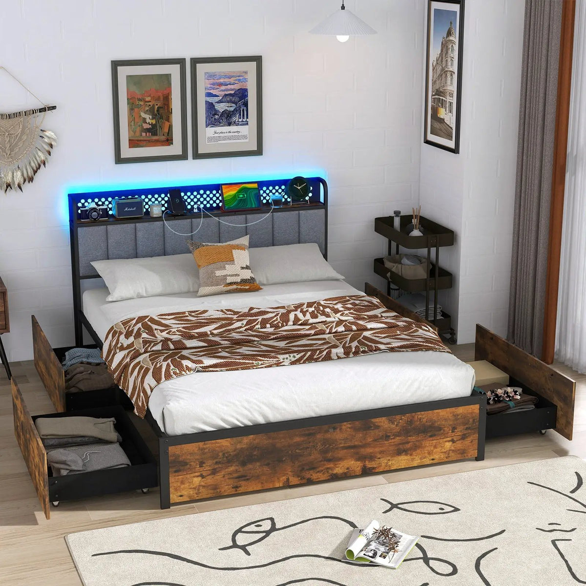 Twin/Full/Queen Bed Frame with LED Lights Upholstered Headboard and 4 Storage Drawers by DirectDeals