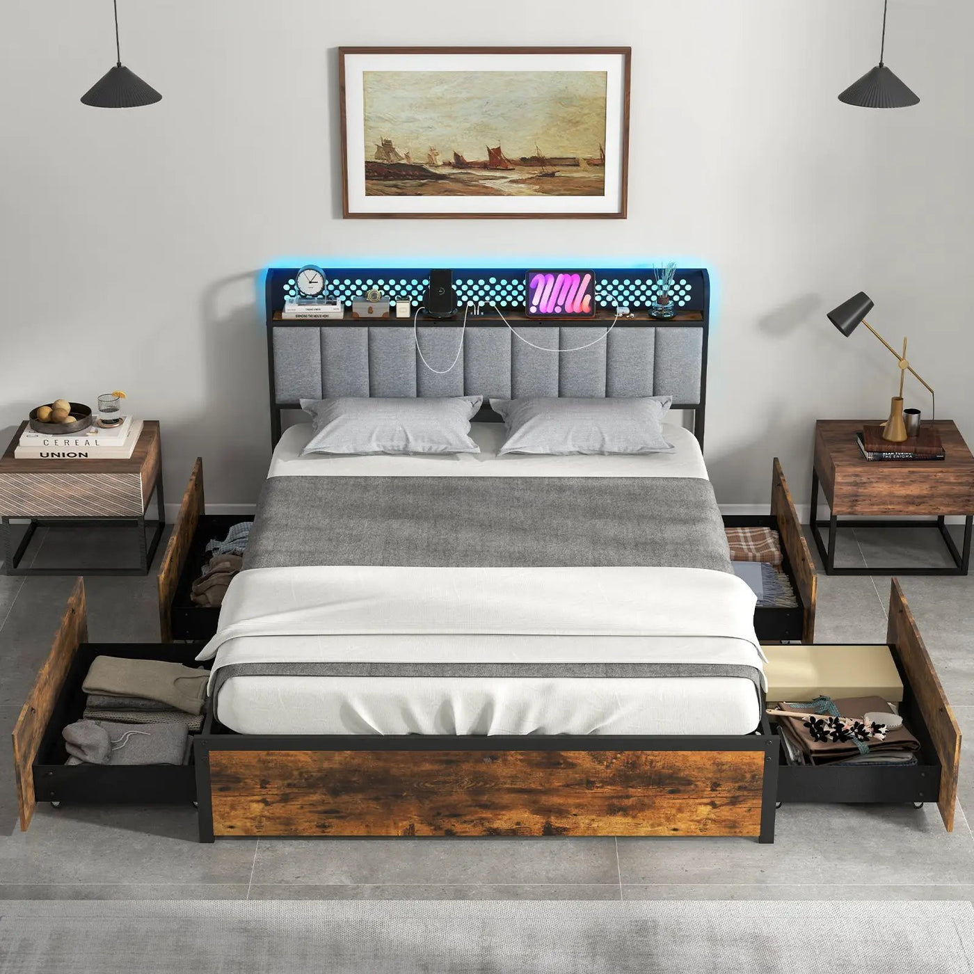 Twin/Full/Queen Bed Frame with LED Lights Upholstered Headboard and 4 Storage Drawers by DirectDeals