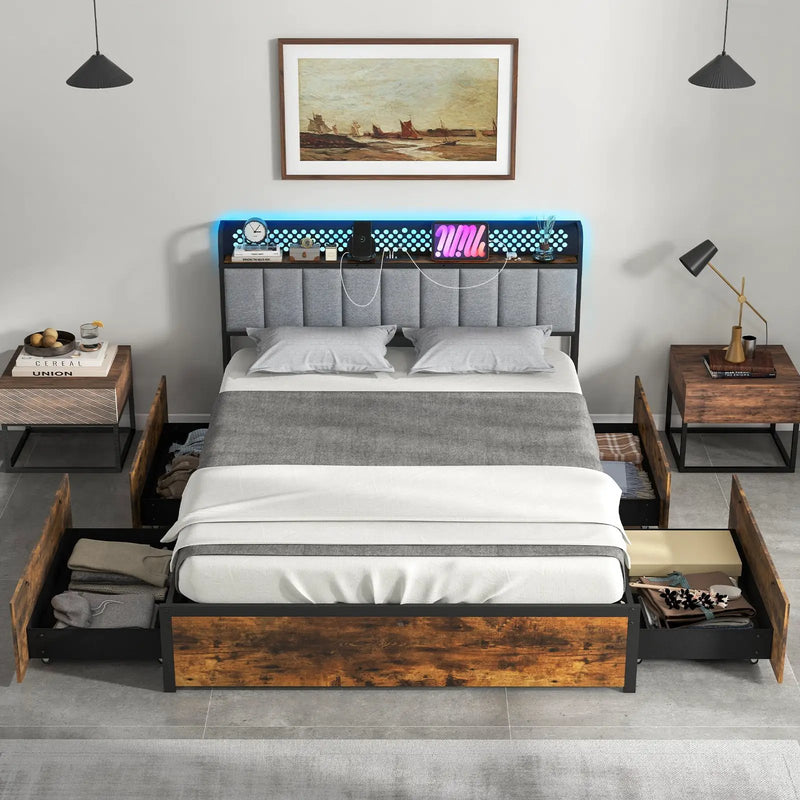 Twin/Full/Queen Bed Frame with LED Lights Upholstered Headboard and 4 Storage Drawers by DirectDeals