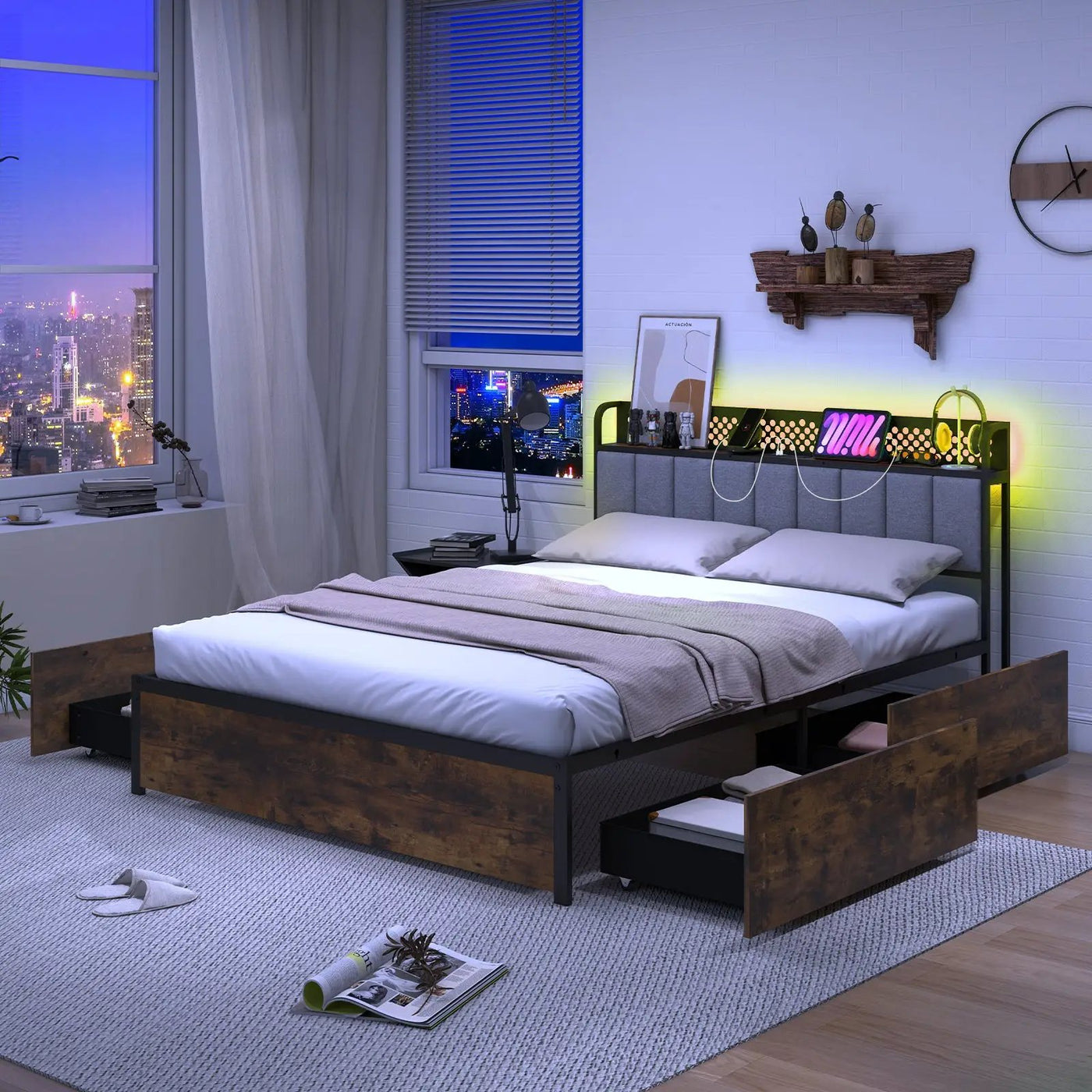 Twin/Full/Queen Bed Frame with LED Lights Upholstered Headboard and 4 Storage Drawers by DirectDeals