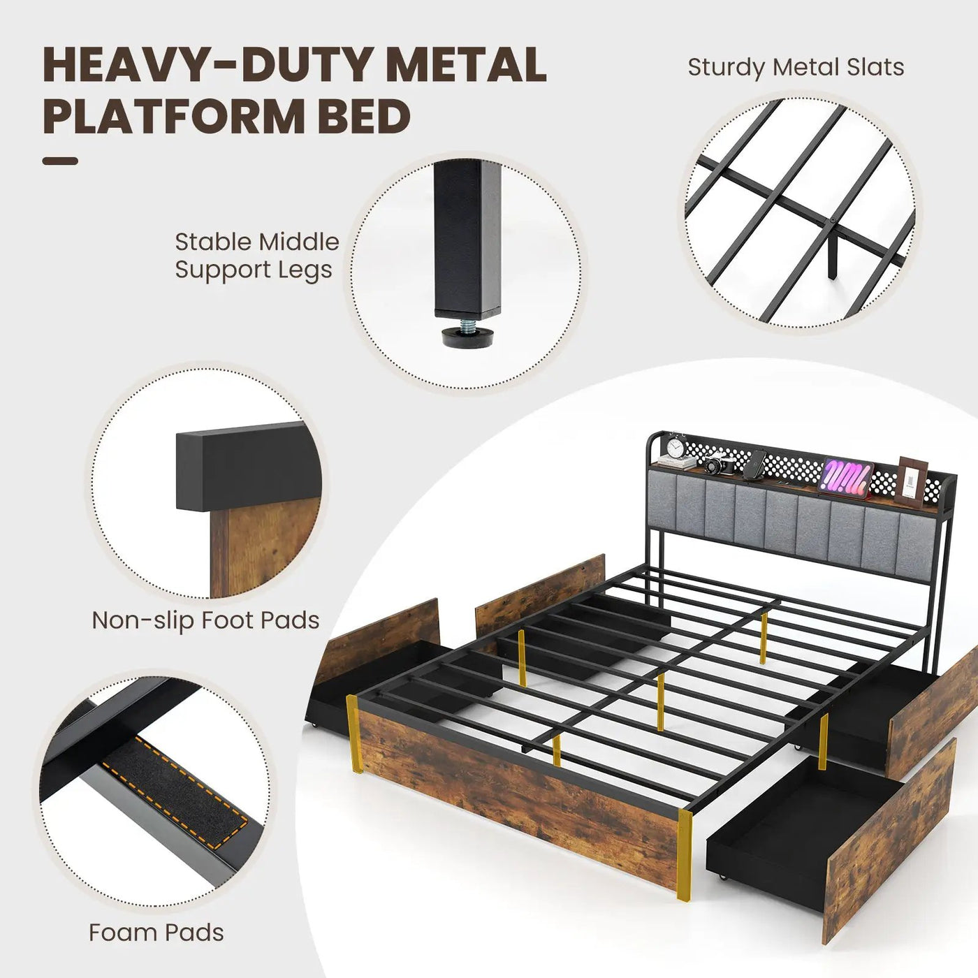 Twin/Full/Queen Bed Frame with LED Lights Upholstered Headboard and 4 Storage Drawers by DirectDeals