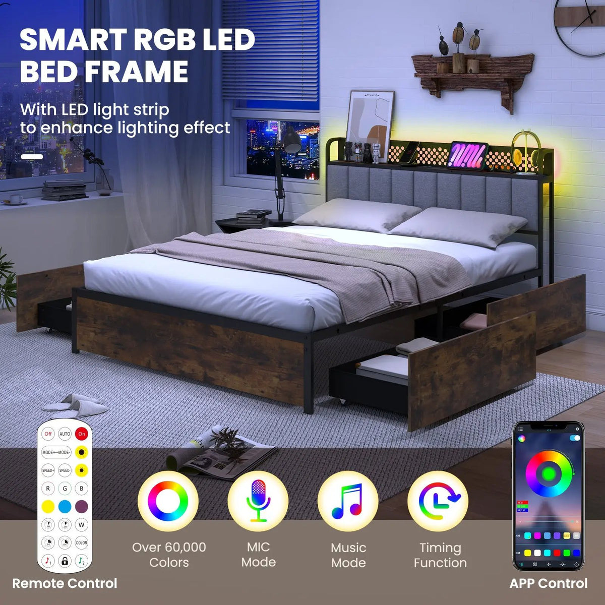 Twin/Full/Queen Bed Frame with LED Lights Upholstered Headboard and 4 Storage Drawers by DirectDeals