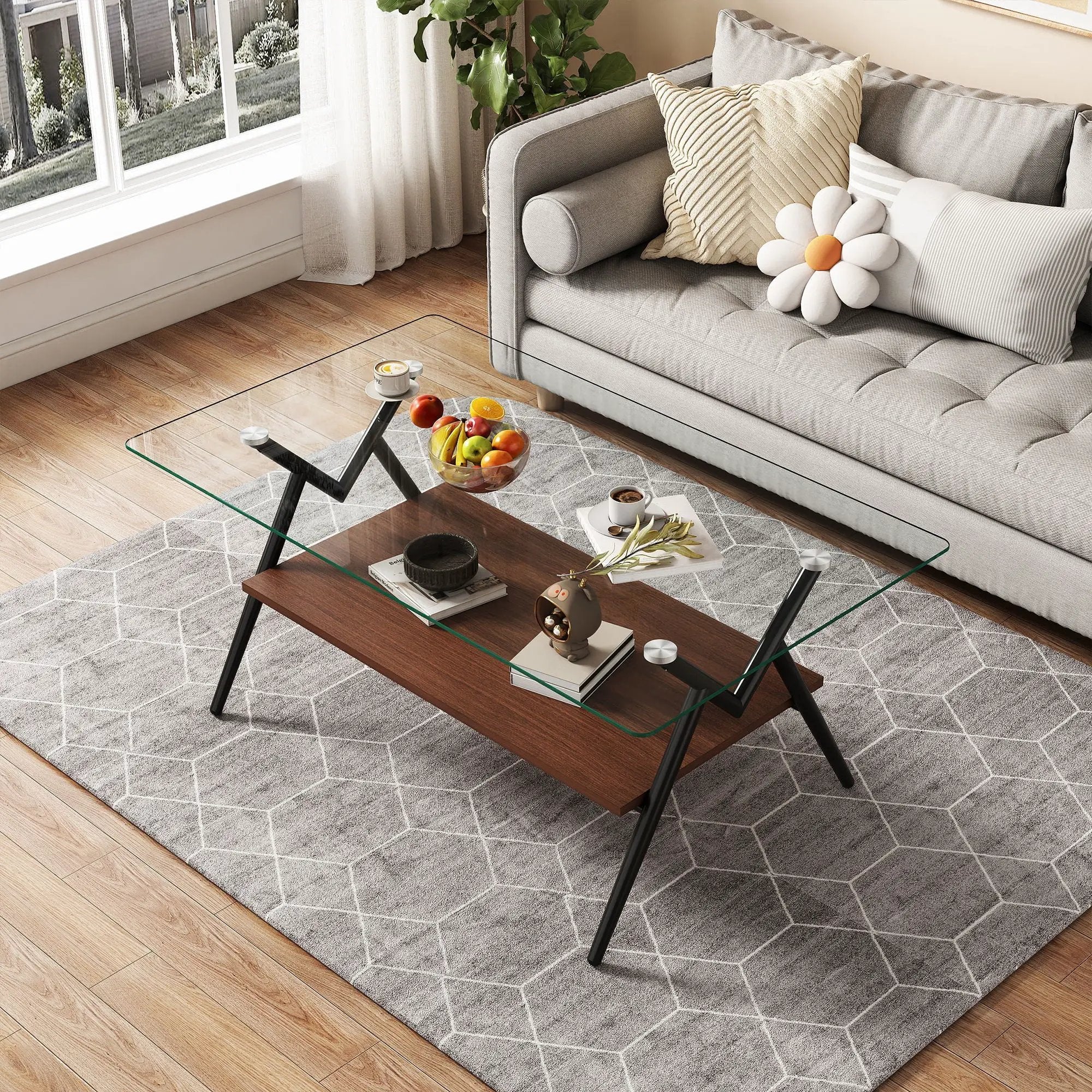 Rectangle Coffee Table With Tempered Glass Top And Shelf by Unique Piece Furniture